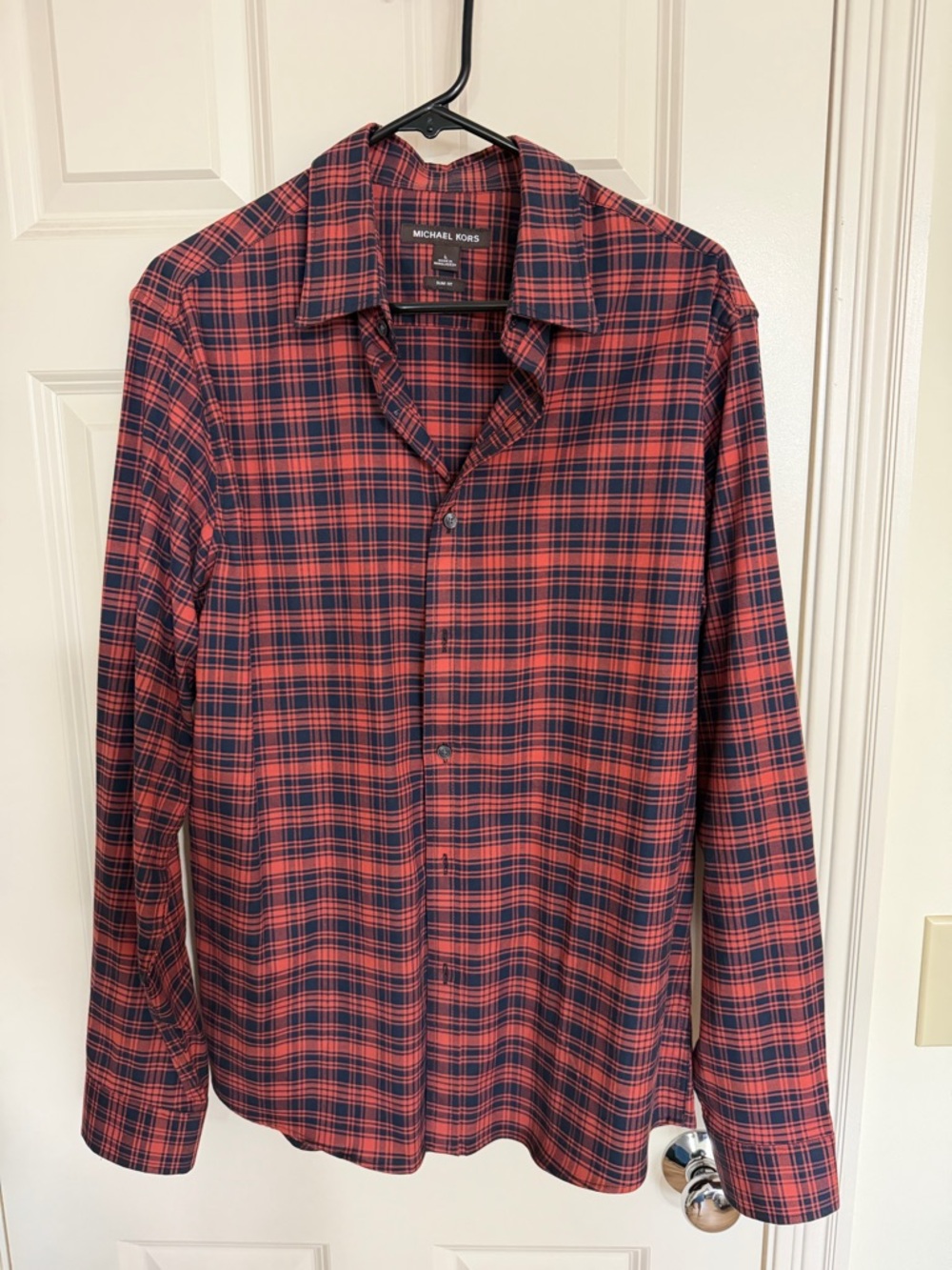 Michael Kors Red and Navy Plaid Long-Sleeve Button-Down Shirt